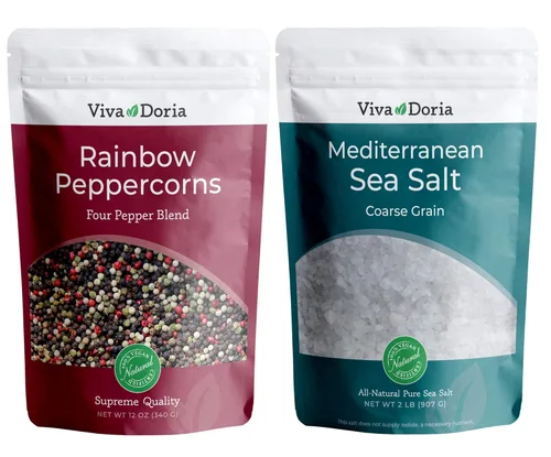 Viva Doria Mezcla de pimienta arcoíris (grano entero esterilizado al vapor, pimienta blanca, verde y rosa) 12 onzas y sal marina mediterránea, grano