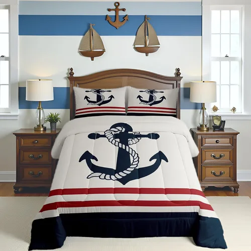 Miniatura 13 de Juego de edredón de brújula azul marino, tamaño individual, 2 piezas, diseño náutico de vela, estilo simple, para niños, adolescentes, adultos
