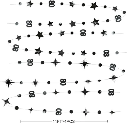 Miniatura 2 de Decoraciones negras de cumpleaños número 80, guirnalda de estrellas centelleantes con número 80, telón de fondo metálico para mujeres, hombres