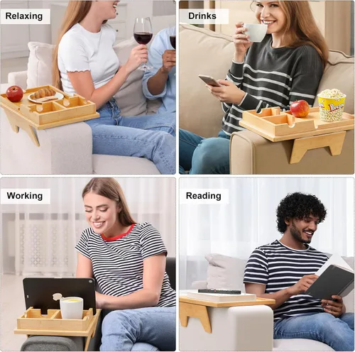 Miniatura 6 de Bestjing Bandeja de bambú para portavasos de sofá – 2 en 1 con soporte doble desmontable Be Slide-Away – Sofá sillón Caddy para beber aperitivos