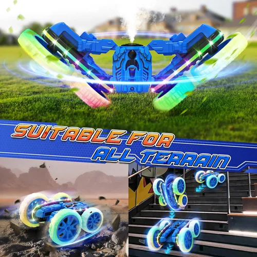 Miniatura 4 de Jimdella Juguetes de autos a control remoto, 2 en 1, auto transformado 4WD con spray y luces LED, camión de acrobacias todoterreno de 2.4 GHz