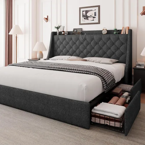 Miniatura 8 de Feonase Marco de cama tapizado de tamaño completo con 4 cajones de almacenamiento, cabecera de almacenamiento grande tipo wingback, no necesita Negro