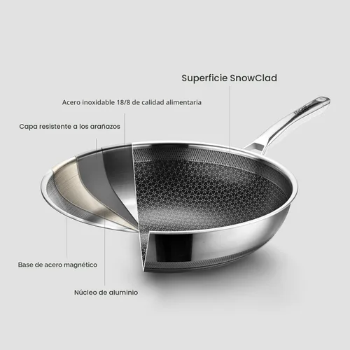 Miniatura 3 de SNOWCLAD Wok, Wok Híbrido de 13 Pulgadas y Sartenes para Saltear Antiadherentes, No Tóxico, Sartén Wok de Acero Inoxidable con Tapa, Apto