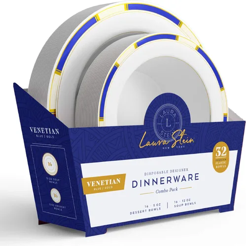 Miniatura 3 de Laura Stein Juego de vajilla de diseñador 32 cuencos de plástico desechables para fiestas, cuenco blanco con borde azul y detalles dorados