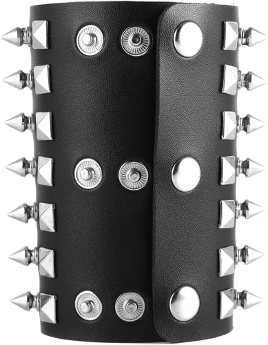 Miniatura 3 de HZMAN Pulsera de cuero con correa ancha unisex con tachuelas de metal negro