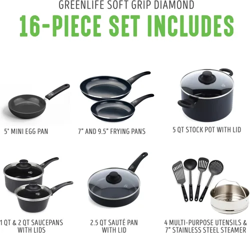 Miniatura 3 de GreenLife Juego de utensilios de cocina antiadherentes de 16 piezas, agarre suave, ollas y sartenes de cerámica no tóxica libre de PFAS, apto