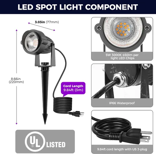 Miniatura 6 de L LOHAS LED Foco de Navidad al aire libre, luces de Halloween moradas para patio, encendido/apagado automático 5W 120V iluminación de paisaje
