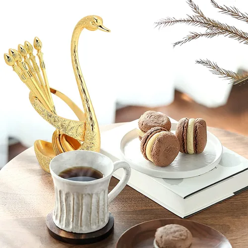 Miniatura 4 de Juego de cucharas de postre de café, soporte de base de cisne, organizador de cuchara con 6 cucharas para café, frutas, postres, mezcla, azúcar