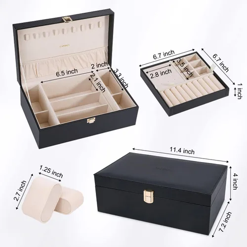 Miniatura 6 de LANDICI Joyero organizador para mujeres y niñas estuche grande de 2 capas para hombres con bandeja extraíble soporte de almacenamiento de joyas