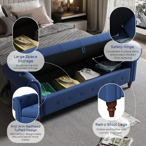 Miniatura 3 de NIOIIKIT Banco Otomano de Almacenamiento de 160 cm, Banco de Extremo de Cama con Botones, Sofá Otomano de Brazos Enrollados, Banco Largo para Azul