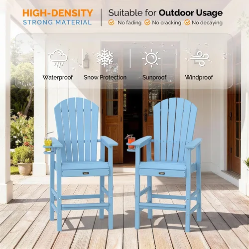 Miniatura 7 de VINGLI Silla Adirondack alta, silla Adirondack de plástico para todo tipo de clima con portavasos, taburetes de bar resistentes para exteriores, Azul
