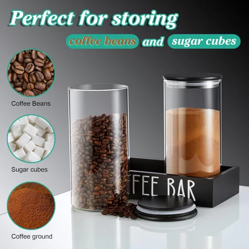 Miniatura 2 de Recipiente de Vidrio para Café Molido - Juego de 2 Piezas de 45oz de Recipientes para Café y Azúcar con Tapas Herméticas de Bambú y Bandeja Negra