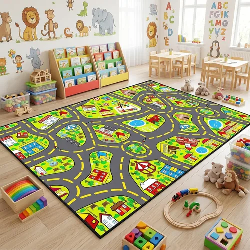 Miniatura 12 de Alfombra de juego para niños (2.6 x 5 pies), 2 unidades, alfombra de carretera para niños, alfombra de mapa de ruta de la ciudad, alfombra