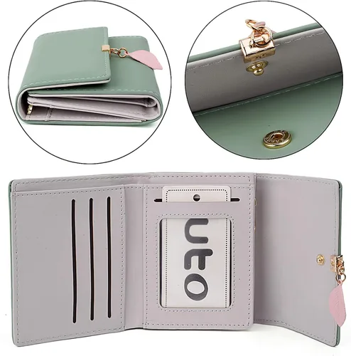 Miniatura 50 de UTO - Cartera pequeña RFID de piel sintética con dije de hoja, cierre de cremallera y tarjetero.