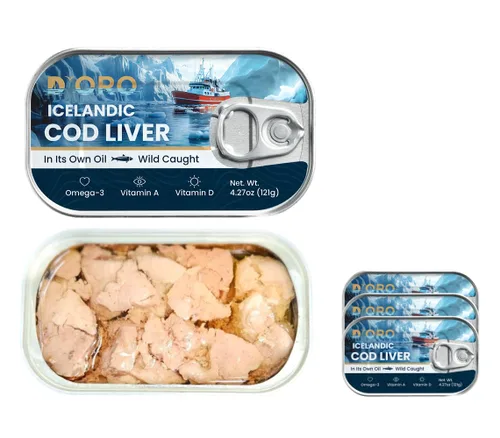 D'ORO Hígado de bacalao islandés prémium en aceite – Delicia gourmet capturada en la naturaleza, rica en omega-3 y vitamina D 4.27 oz (121 gr) 3
