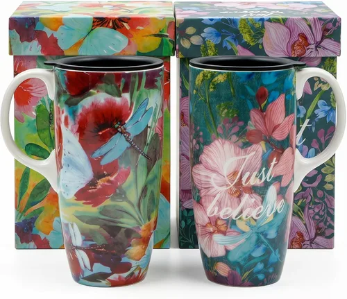 Miniatura 11 de Topadorn Taza de viaje de cerámica de 17 onzas con tapa y asa, taza de café de porcelana con caja de regalo, apta para microondas y lavavajillas, a