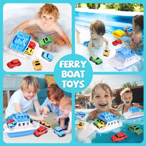 Miniatura 6 de FUN LITTLE TOYS Barco de juguete para baño para niños pequeños con 4 juguetes de mini autos, juguetes de agua para niños, barco de ferry
