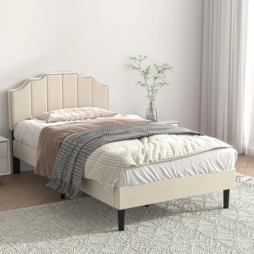 Miniatura 11 de VECELO Base de cama tapizada de terciopelo tamaño Queen con ribete de clavos, cabecera ajustable en altura copetuda, cama vintage con listones
