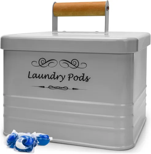 Miniatura 8 de ELITAPRO Contenedor moderno de granja para cápsulas de detergente - Porta cápsulas de metal con tapa para decoración y accesorios de lavandería