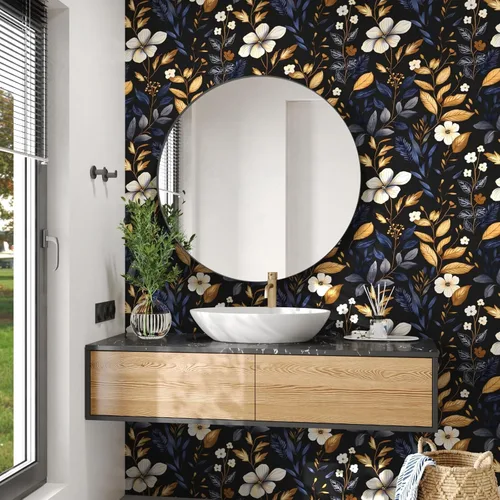Miniatura 5 de Laatse Papel Tapiz de Hoja Azul/Dorada Despegar y Pegar Papel Tapiz Vintage Floral Oscuro Impermeable Autoadhesivo Removible Boho Papel de Pared