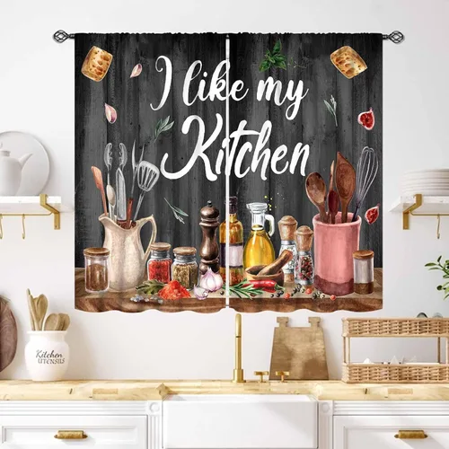Miniatura 41 de Cortinas Rústicas de Cocina, Tenedor Cuchara Retro Tablón de Madera Granja País Tema de Cocina Citas Divertidas Tratamiento de Ventana