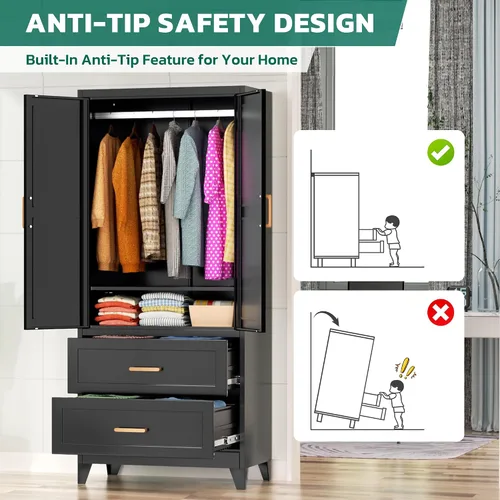 Miniatura 4 de Greenvelly Metal Storage Wardrobe Cabinet with Lock, Metal Wardrobe Closet with Doors and Shelves, Modern Clothes Closet for Office, Bedroom and