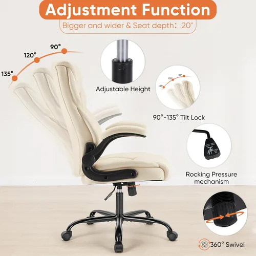 Miniatura 4 de Sweetcrispy Silla de oficina ergonómica de escritorio de alta resistencia con brazos abatibles, de cuero sintético, silla ajustable giratoria