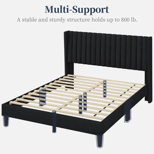 Miniatura 8 de Yaheetech - Base de cama tamaño queen con plataforma tapizada y cabecera de tela, diseño de borde ala, antideslizante y silenciosa, soporte de Negro