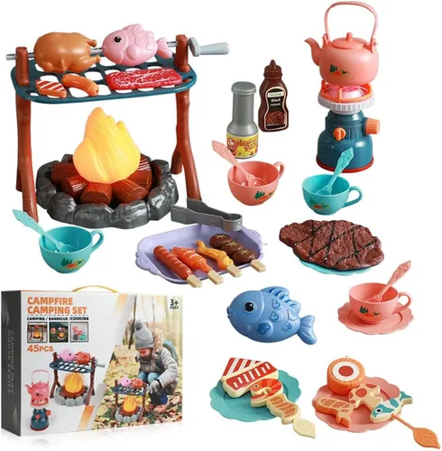Juego de juguetes de fogata con 45 piezas de accesorios realistas para barbacoa, alimentos falsos para parrilla, teteras, etc. Simula luces y