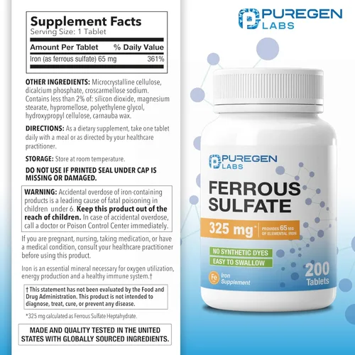Miniatura 2 de Puregen Labs - Suplemento de hierro de alta potencia con sulfato ferroso de 325 mg (65 mg de hierro elemental), sin aditivos de color artificial