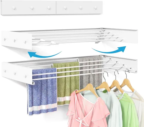 Miniatura 10 de Tendedero de pared para lavandería de 23.6 pulgadas, tendedero plegable para secar ropa montado en la pared con 4 ganchos para toallas y 4 varillas