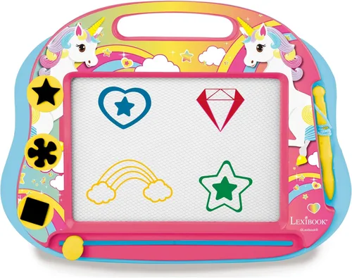 Lexibook, Tablero de Dibujo de Unicornio Mágico Magnético Multicolor, Juguete Artístico Creativo para Niñas y Niños, Lápiz Stylus y Sellos,