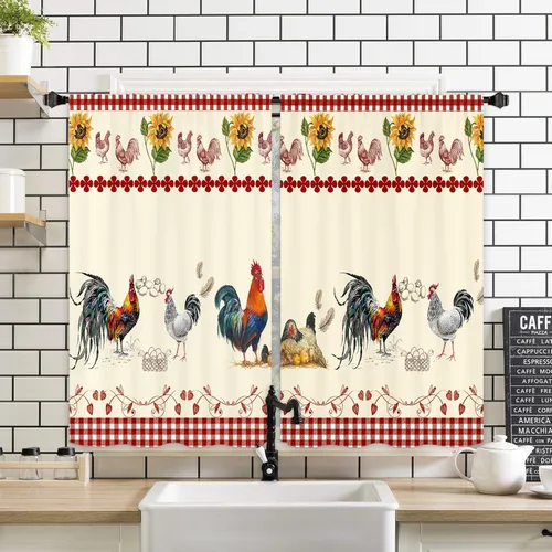 Miniatura 10 de Miyotaa - Cortinas rústicas de granja con diseño de pollo para cocina, 2 paneles, 27.5 pulgadas de ancho x 39 pulgadas de alto, bolsillo