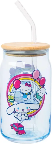 Miniatura 11 de Silver Buffalo Sanrio - Vaso de vidrio rosa con tapa de bambú y sorbete de vidrio de Hello Kitty, 16 onzas Hello Kitty Agitando