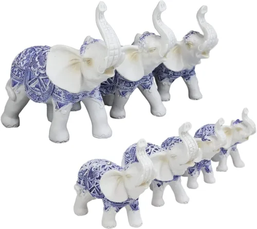 Ebros Gift Juego de 7 figuras de terracota azul y blanca estilo Ming en miniatura del budismo tailandés con tronco 7 elefantes del budismo tailandés
