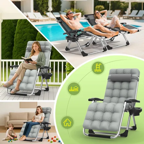 Miniatura 7 de Suteck Silla de Gravedad Cero, Silla de Camping Reclinable con Cojín Removible, Bloqueo Mejorado y Portavasos, Sillas Reclinables de Patio Plegables