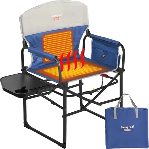SUNNYFEEL Silla de camping para directores con calefacción, silla plegable de alta resistencia para exteriores, portátil, de gran tamaño, con Azul