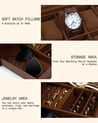 Miniatura 5 de GUKA Caja de reloj, caja de reloj con 12 ranuras, fundas de reloj para hombres con tapa de cristal real, organizador de reloj de cuero sintético