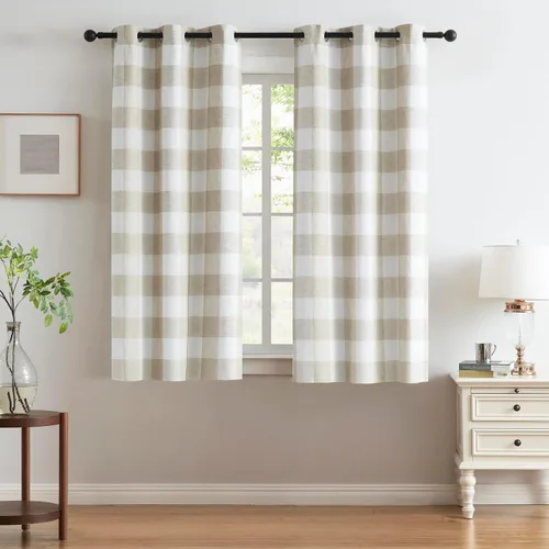 Miniatura 13 de Cortinas cortas de lino texturizado con diseño de búfalo blanco y negro a cuadros, 100% opacas con forro, paneles de estilo granja
