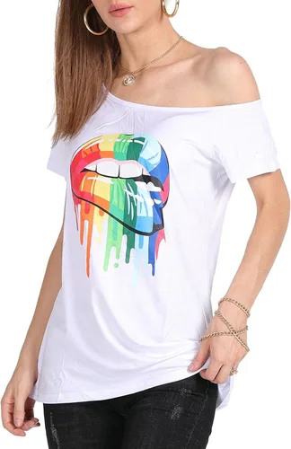 Miniatura 44 de MAGICMK - Camiseta casual para mujer, con estampado de labios y hombro descubierto, talla extragrande