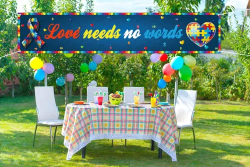 Miniatura 5 de Love Needs No Words - Cartel de valla para concientización sobre el autismo, pieza de rompecabezas con forma de corazón, fiesta, cabina de fotos
