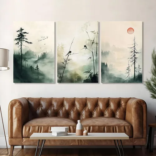 Miniatura 3 de Sutanun Lienzo de paisaje abstracto japonés para pared, impresión de bosque brumoso verde de tres paneles con pájaros y árboles, arte minimalista