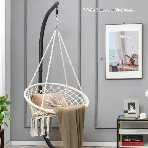 Miniatura 2 de Tangkula Silla hamaca con cojín, estilo bohemio de macramé con kit de accesorios para colgar y correa, columpio de cuerda colgante para interiores