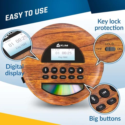 Miniatura 8 de KLIM Nomad Wood - Reproductor portátil de CD Walkman - Batería de larga duración - Incluye auriculares - Radio FM - Compatible con reproductor de CD