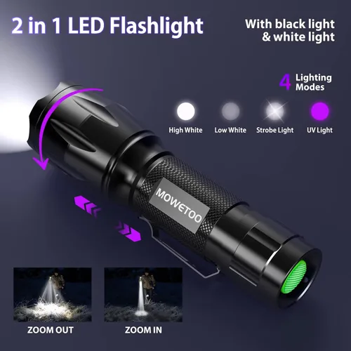 Miniatura 2 de MOWETOO Linterna UV, linterna de luz negra portátil, linterna LED con combinación de luz blanca y ultravioleta, detector de orina de mascotas de luz
