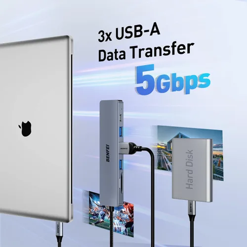 Miniatura 4 de BENFEI USB C HUB 7 en 1 con HDMI (4K a 60 Hz, certificado), entrega de energía de 100 W, 3 USB 3.0, lector de tarjetas SD/TF (160 MB/s) compatible
