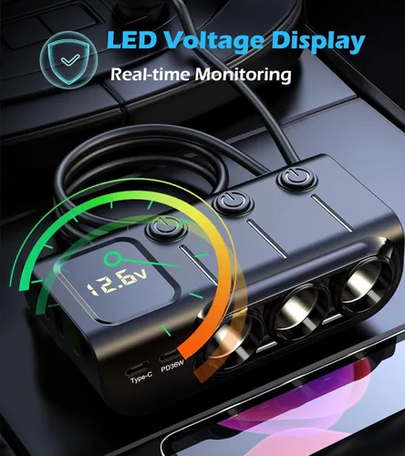 Miniatura 5 de LIHAN Divisor de encendedor de cigarrillos para automóvil, adaptador de 3 enchufes de 8 en 1,120 W y 5 USB con interruptor de alimentación maestro