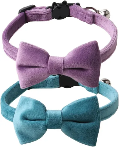 Miniatura 14 de Love Dream Collar de gato con pajarita y campanas, paquete de 2 collares de terciopelo de seguridad para gatitos con pajarita extraíble para gatos