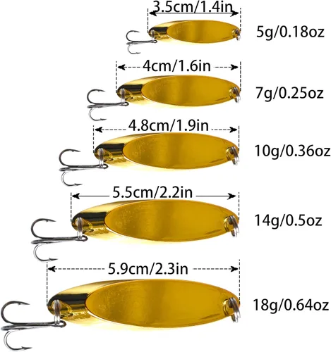 Miniatura 2 de Juego de 5 cucharas de señuelo de pesca, anzuelos de pesca para lubina, trucha, kit de señuelos de aleación de zinc, cucharas de lentejuelas, cebos