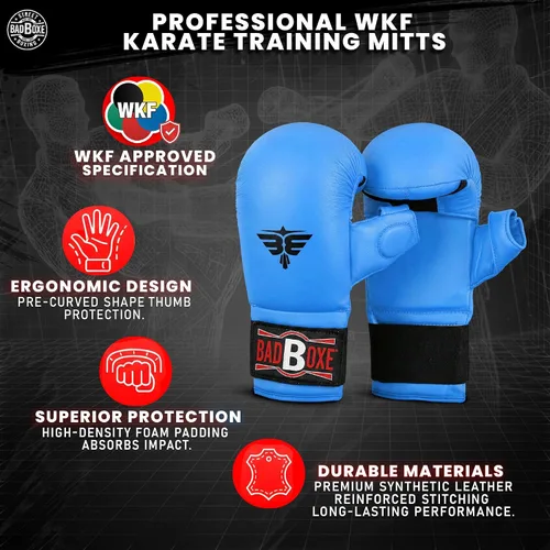 Miniatura 5 de Guantes profesionales de entrenamiento de karate WKF Guantes de karate con cierre elástico para el pulgar/gancho y bucle Tamaño premium